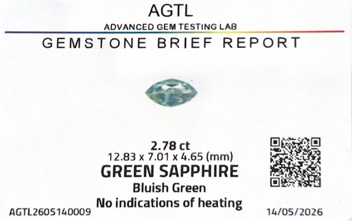 Green Sapphire Marquise AGTL Certified 2.78ct (N) 12.83x7.01mm 1250pct