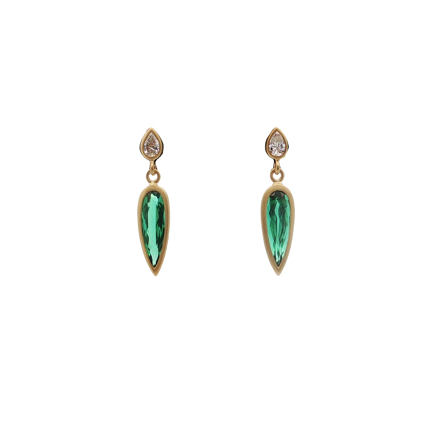 Green Tourmaline/Diamond Pear Shape Bezel Earring 1.20/0.16ct 18K Yellow Gold