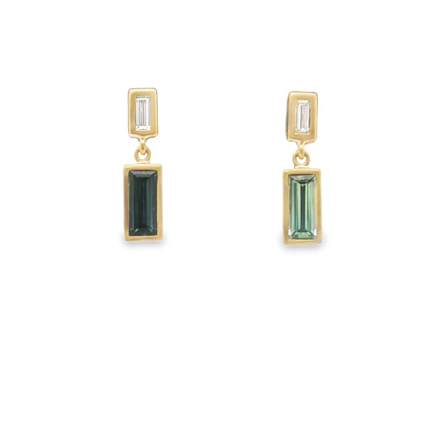 Teal Sapphire/Diamond Baguette Bezel Earring 0.97/0.13ct 18K Yellow Gold