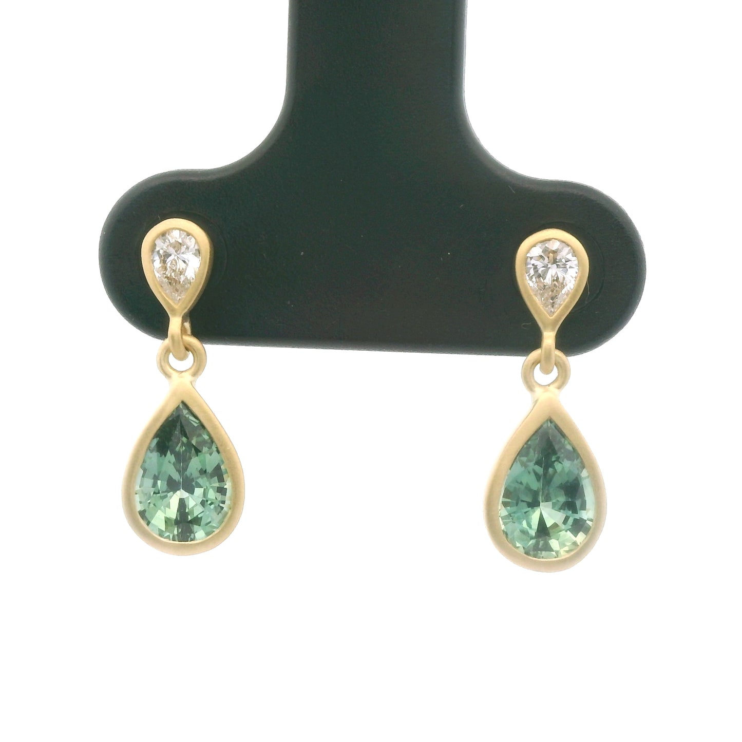 Teal Sapphire/Diamond Pear Shape Bezel Earring 1.15/0.15ct 18K Yellow Gold