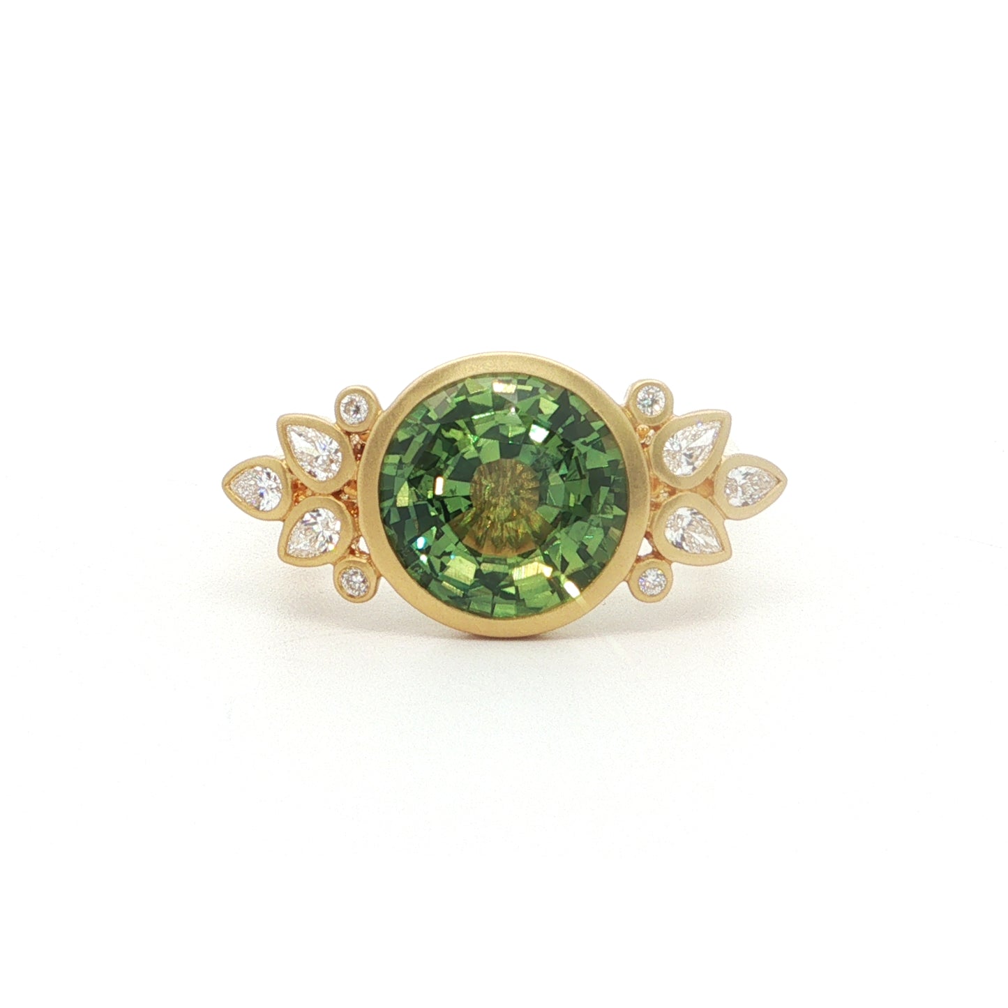 Teal Sapphire Round Bezel with Diamonds Ring 4.32/0.30ct 18K Yellow Gold Size 7