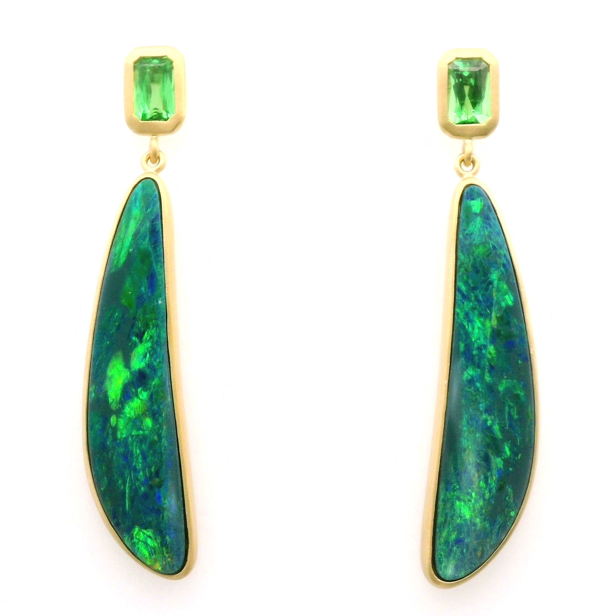 Tsavorite Garnet/Opal Bezel Earring 0.79/1.04ct 18K Yellow Gold