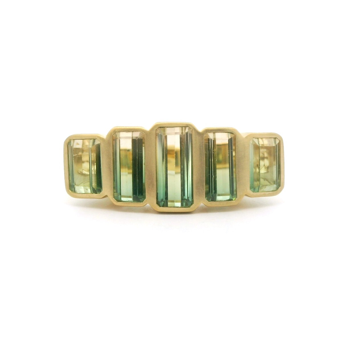 Bicolor Tourmaline Emerald Cut 5 Stone R1 6.40ct 18K Yellow Gold Size 7