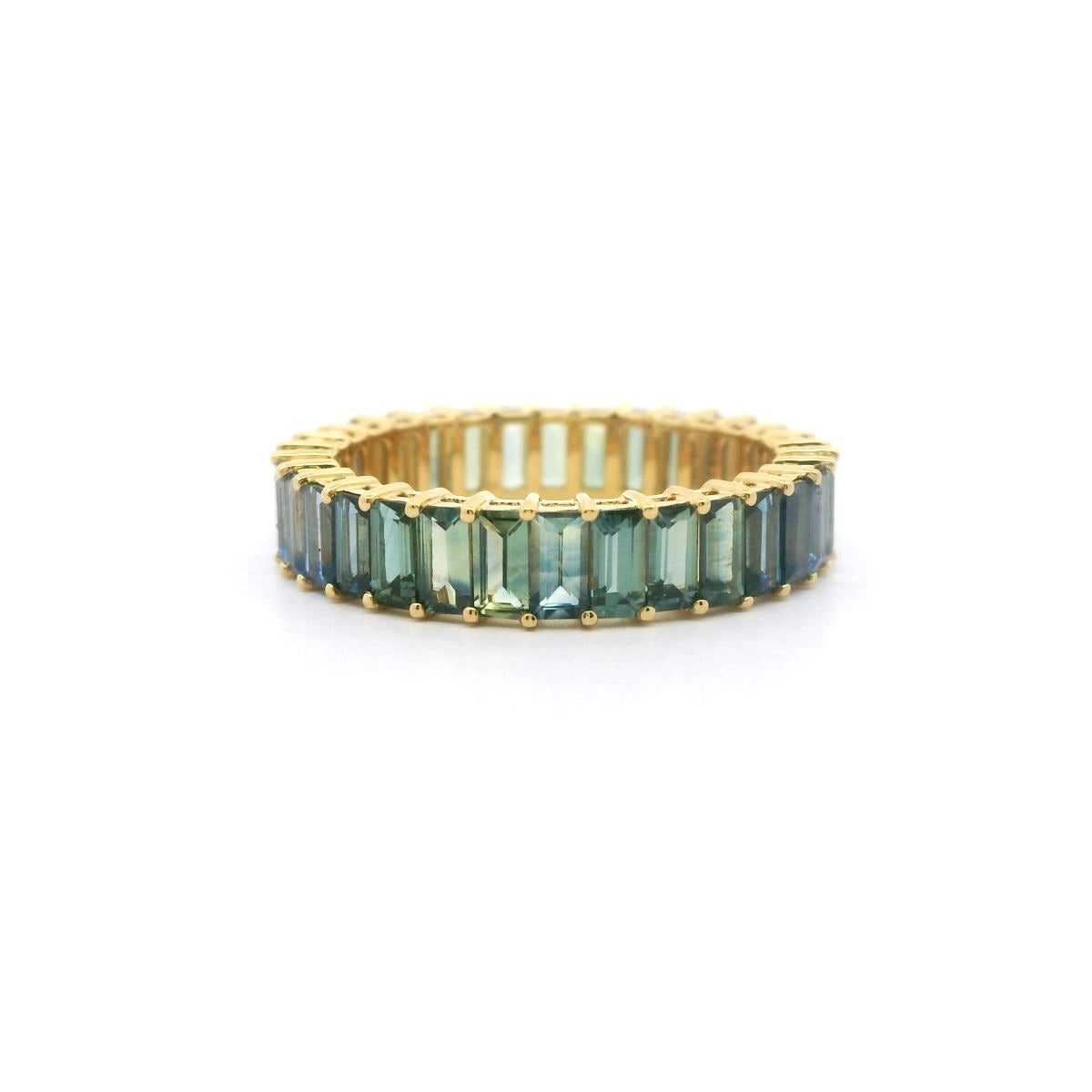 Blue Sapphire/Green Sapphire Ombré Baguette Ring ~4.40ct 18K Yellow Gold Size 7.5