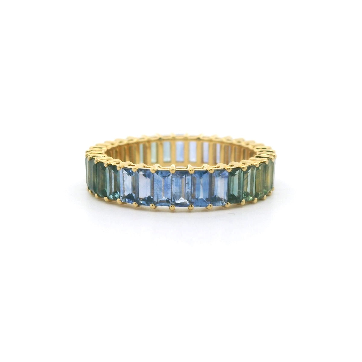 Blue Sapphire/Green Sapphire Ombré Baguette Ring ~4.50ct 18K Yellow Gold Size 8