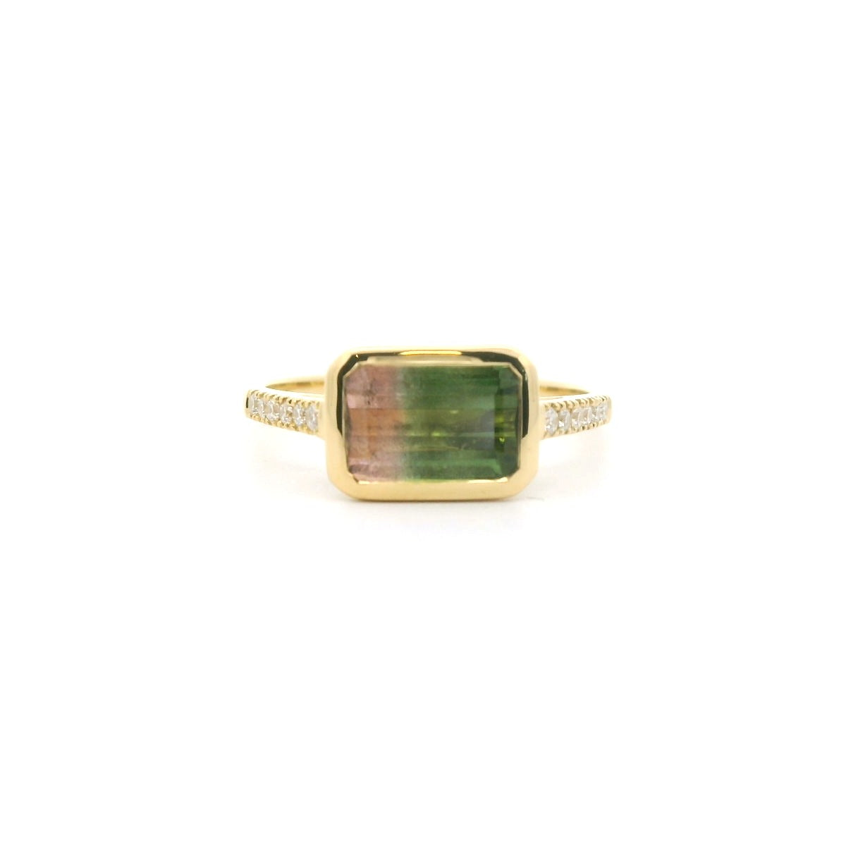 Bicolor Tourmaline Emerald Cut Skinny Stack Ring 1.55/0.12ct 18K Yellow Gold Size 7