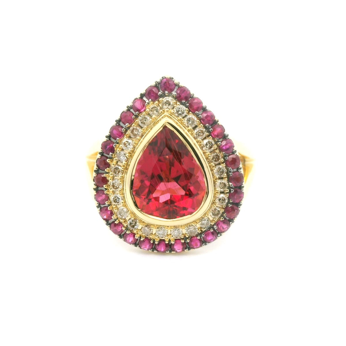 Rubellite Tourmaline/Ruby Pear Shape Double Halo Ring 2.24/2.24/0.68ct 18K Yellow Gold Size 7