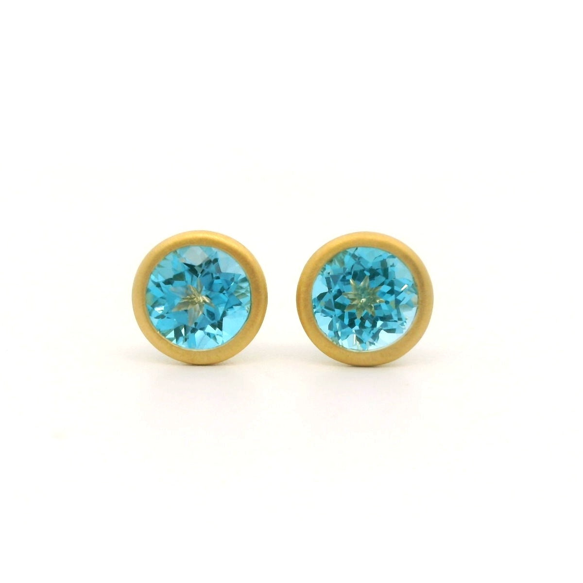 Blue Topaz Round Bezel Earring 1.87ct 18K Yellow Gold