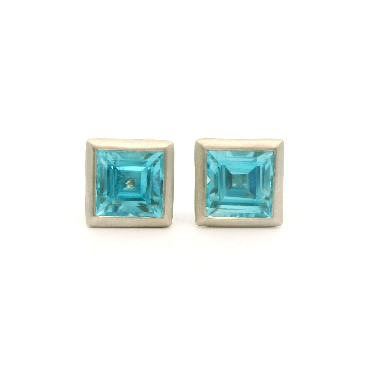 Blue Zircon Princess Cut Bezel Earring 2.28ct 18K White Gold