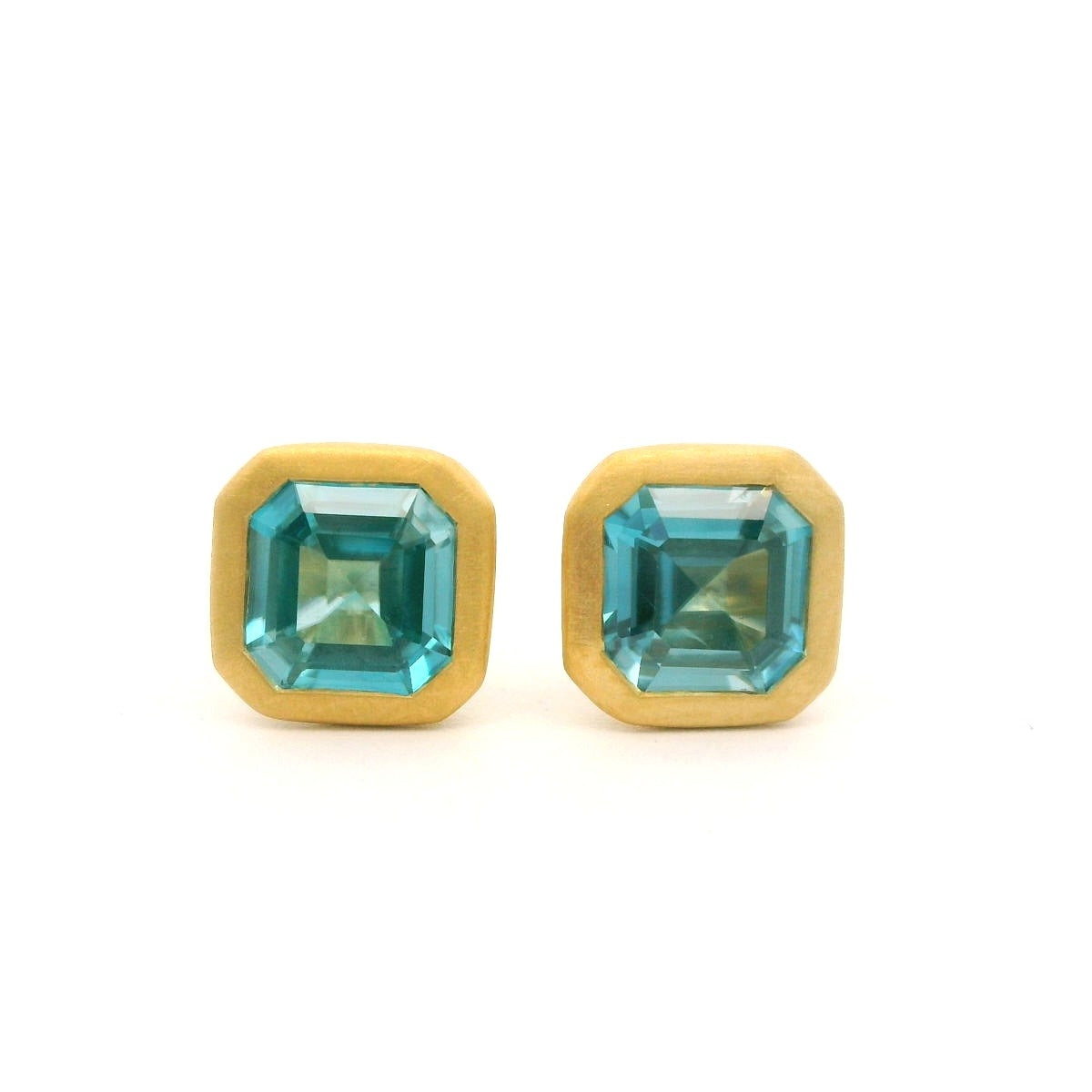 Blue Zircon Asscher Bezel Earring 1.50ct 18K Yellow Gold