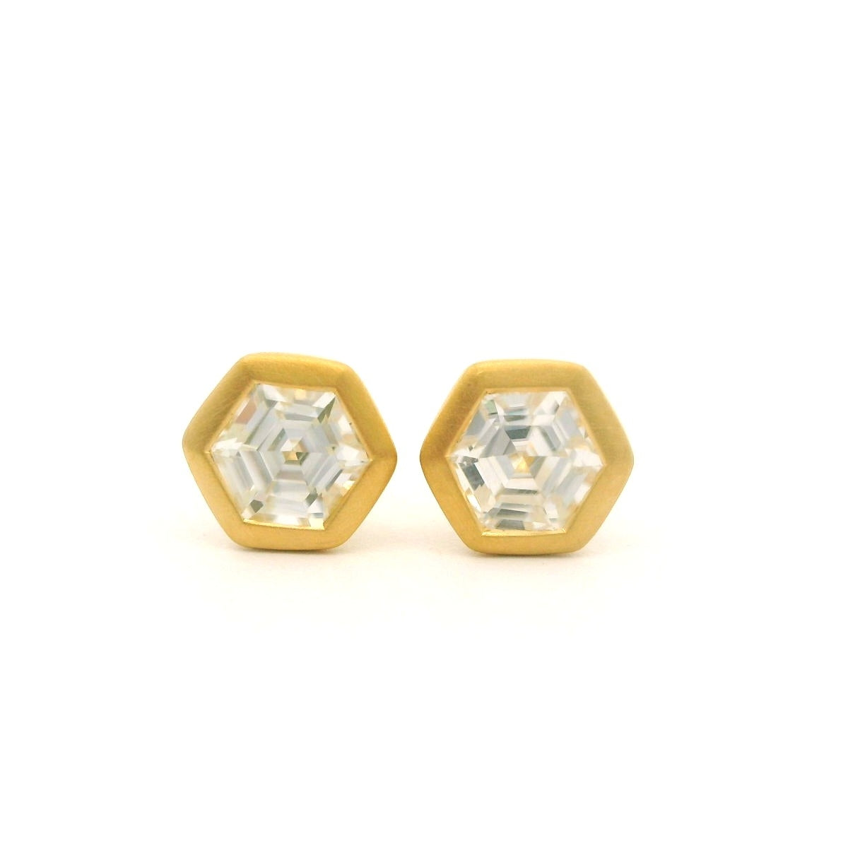 White Zircon Hexagon Bezel Earring 1.21ct 18K Yellow Gold