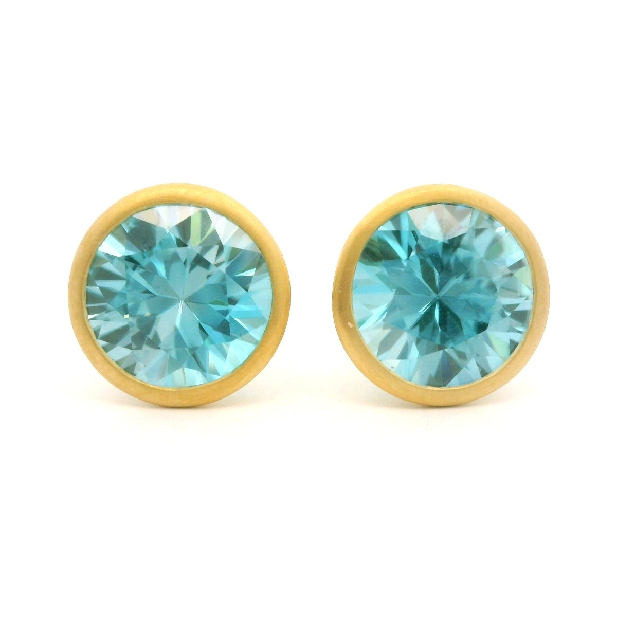 Blue Zircon Round Bezel Earring 6ct 18K Yellow Gold