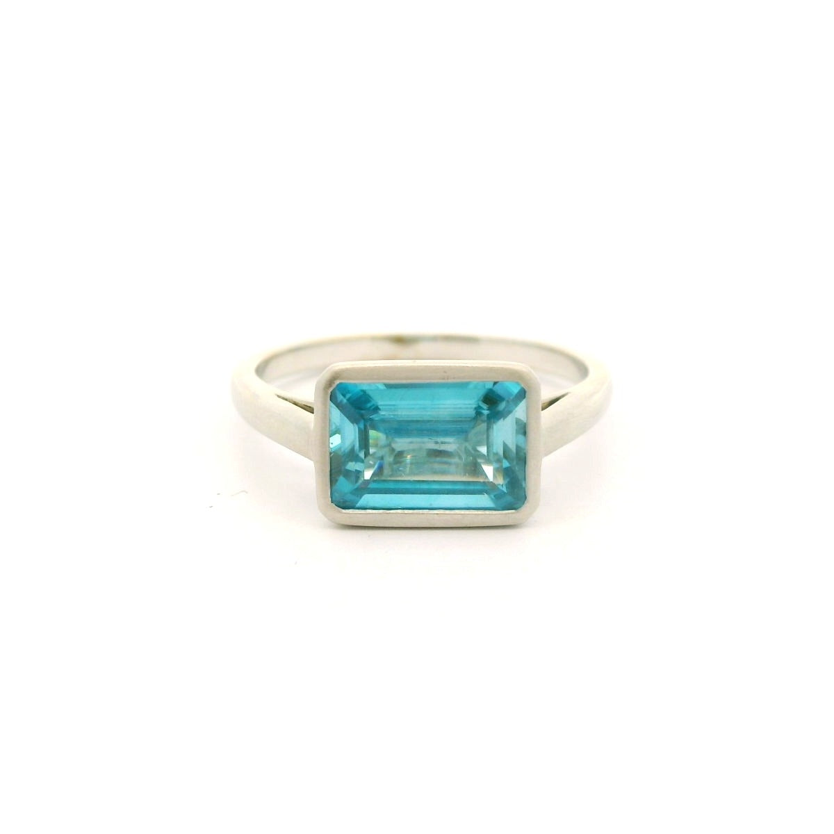 Blue Zircon Emerald Cut Bezel Ring 2.42ct 18K White Gold Size 6.5