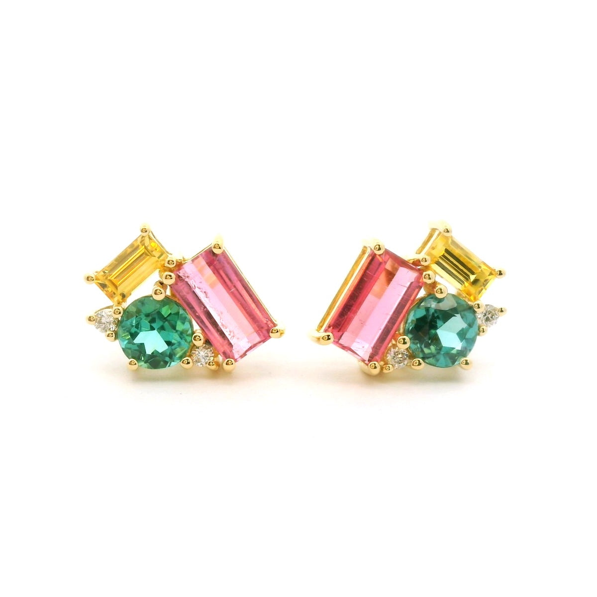 Tourmaline/Yellow Sapphire Cluster Earring 1.45/0.35/0.05ct 18K Yellow Gold