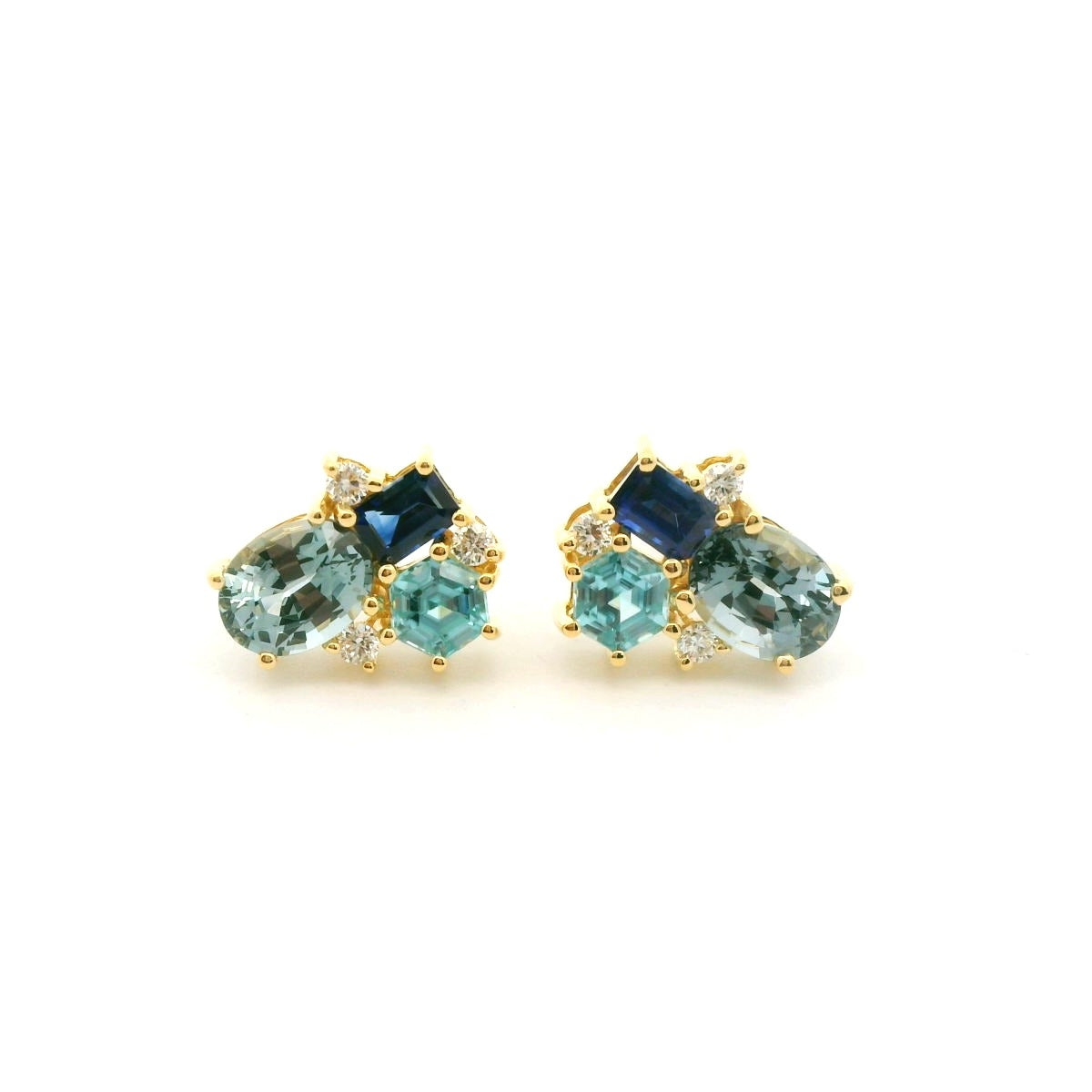 Spinel/Zircon/Blue Sapphire Cluster Earring 1.31/0.62/0.36/0.10ct 18K Yellow Gold