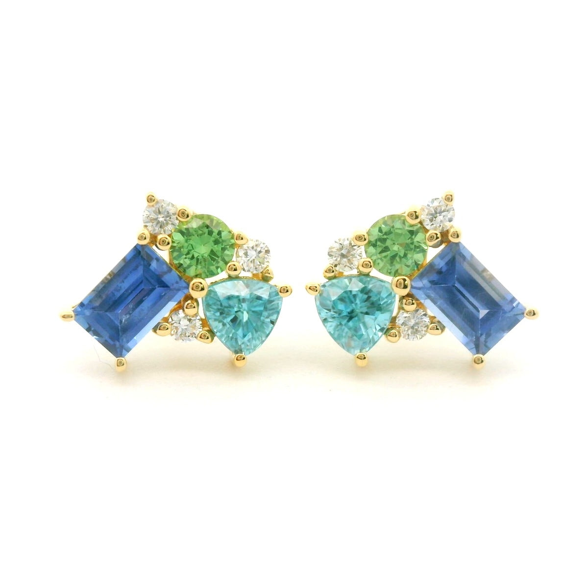 Blue Sapphire/Blue Zircon/Garnet Cluster Earring 0.60/0.50/0.20/0.10ct 18K Yellow Gold