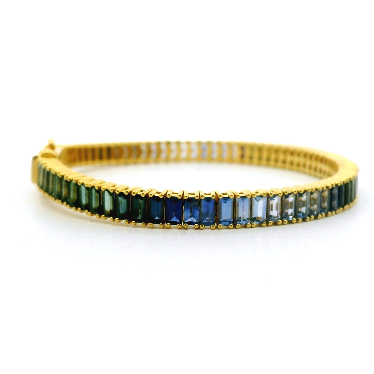 Blue Sapphire/Green Sapphire Baguette Ombré Tennis Bracelet ~11ct 18K Yellow Gold