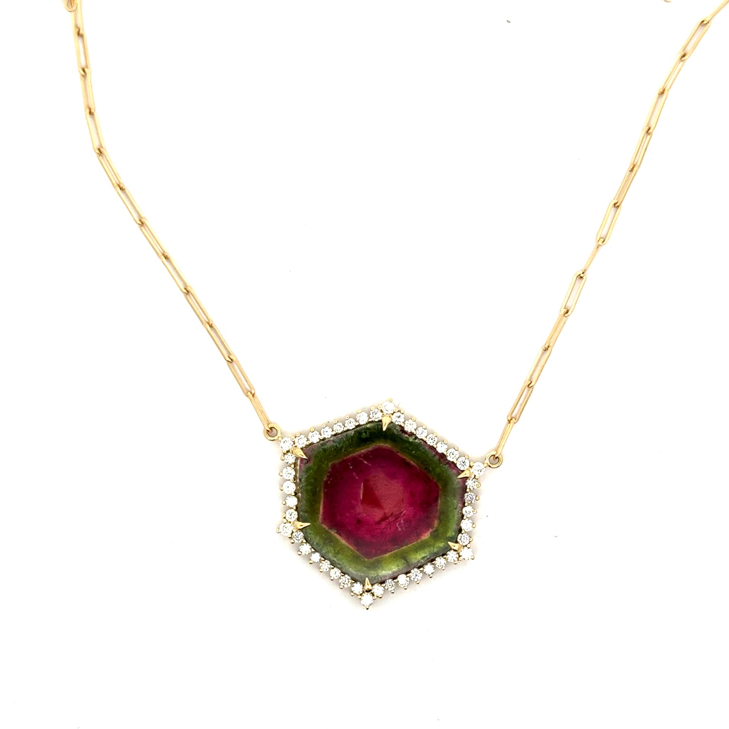 Bicolor Tourmaline Hexagon Slab Halo Necklace 19.32/0.83ct 18K Yellow Gold
