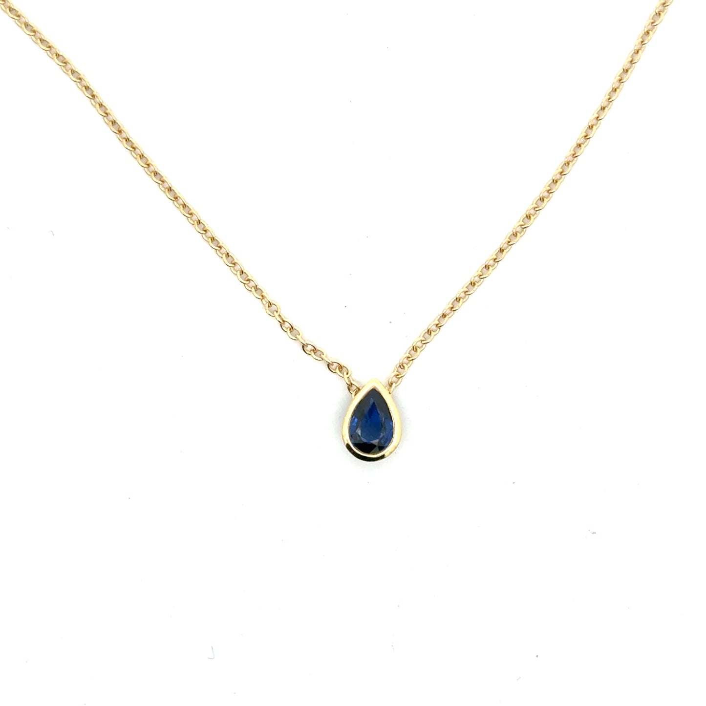 Blue Sapphire Pear Shape Bezel Necklace 0.76ct 18K Yellow Gold