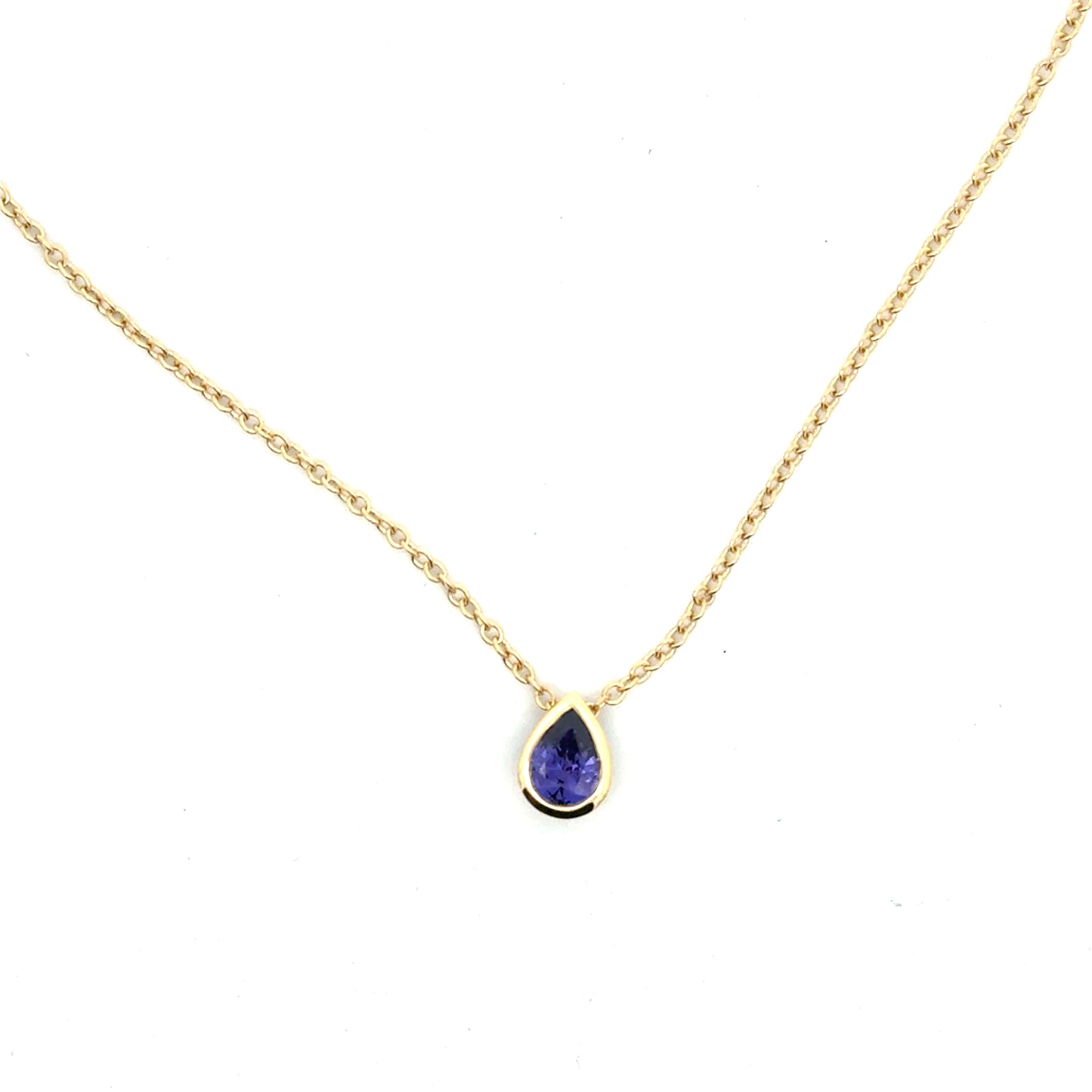 Purple Sapphire Pear Shape Bezel Necklace 0.84ct 18K Yellow Gold