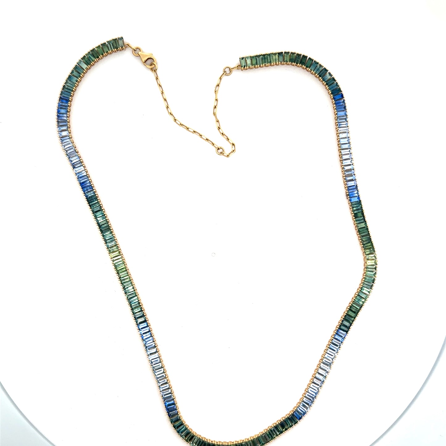 Blue Sapphire/Green Sapphire Baguette Ombré Necklace with Chain 25.32ct 18K Yellow Gold