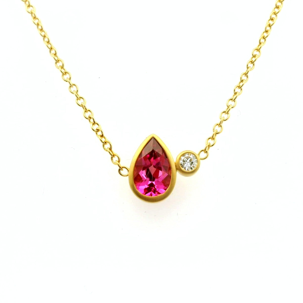 Pink Tourmaline/Diamond Pear Shape 2 Stone Necklace 1.03/0.06ct 18K Yellow Gold