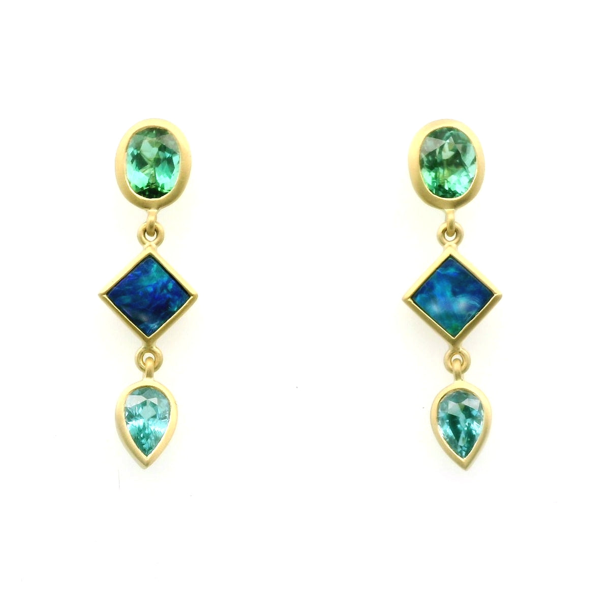 Tourmaline/Opal/Blue Zircon Bezel Earring 1.68/0.98/1.30ct 18K Yellow Gold
