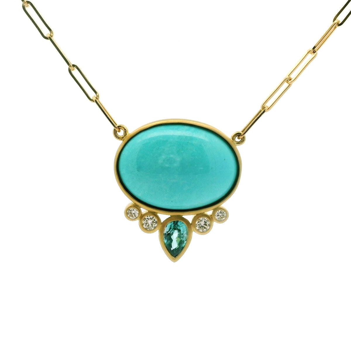 Turquoise/Blue Zircon Bezel with Diamonds Necklace 7.96/0.59/0.17ct 18K Yellow Gold