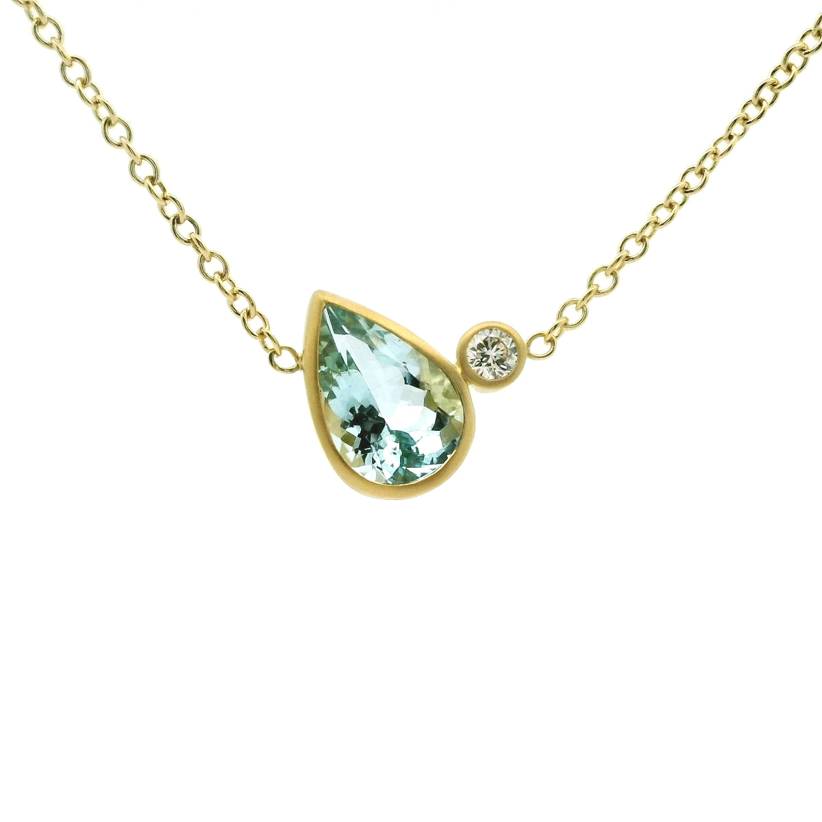Aquamarine/Diamond Pear Shape 2 Stone Necklace 1.65/0.08ct 18K Yellow Gold