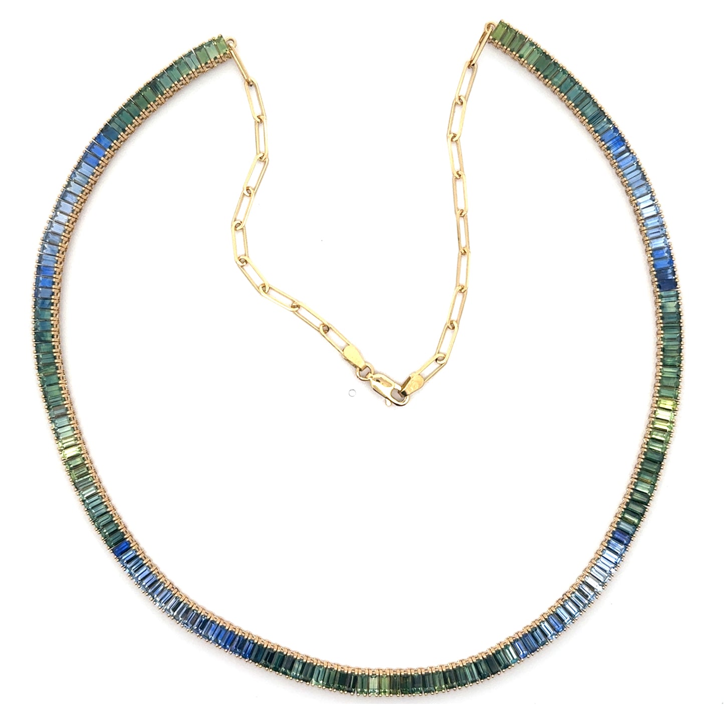 Blue Sapphire/Green Sapphire Baguette Ombré Necklace with Chain 21.55ct 18K Yellow Gold