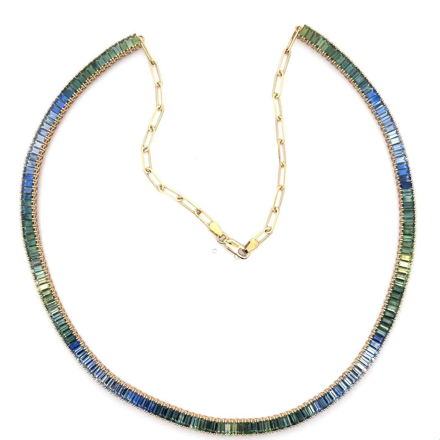 Blue Sapphire/Green Sapphire Baguette Ombré Tennis Necklace 22.42ct 18K Yellow Gold