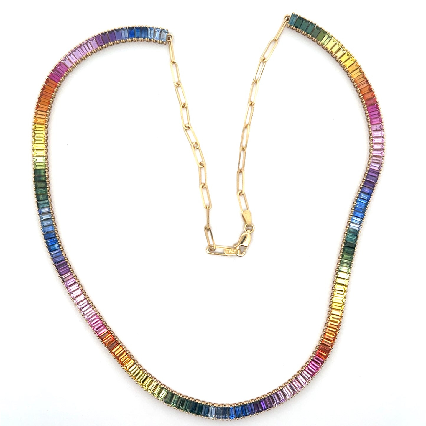 Rainbow Baguette Tennis Necklace with Chain 22.62ct 18K Yellow Gold