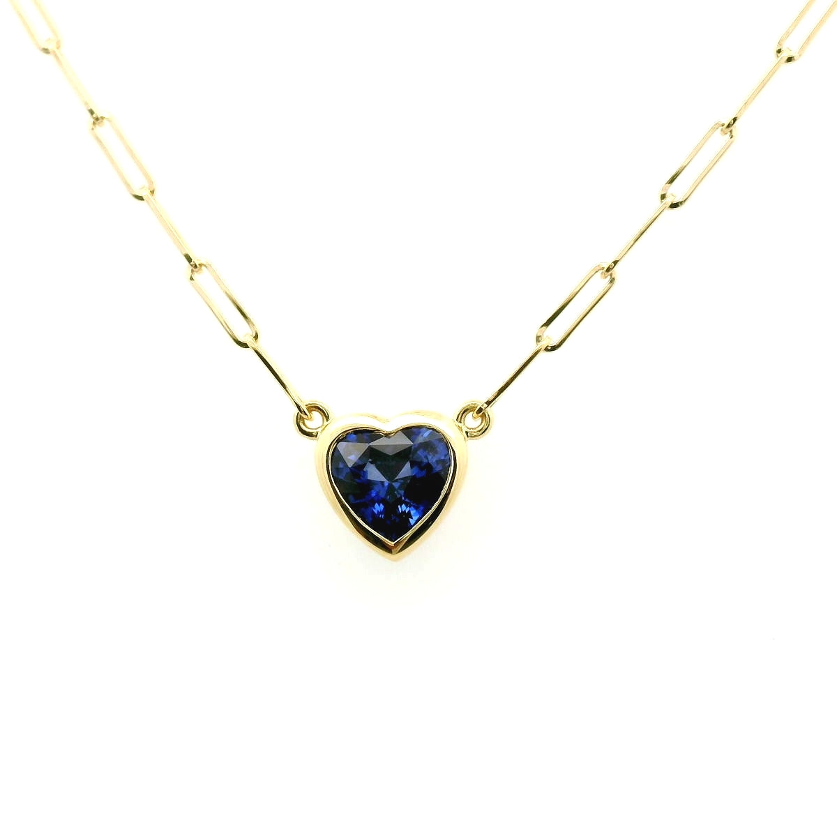 Blue Sapphire Heart Bezel Necklace 1.59ct 18K Yellow Gold