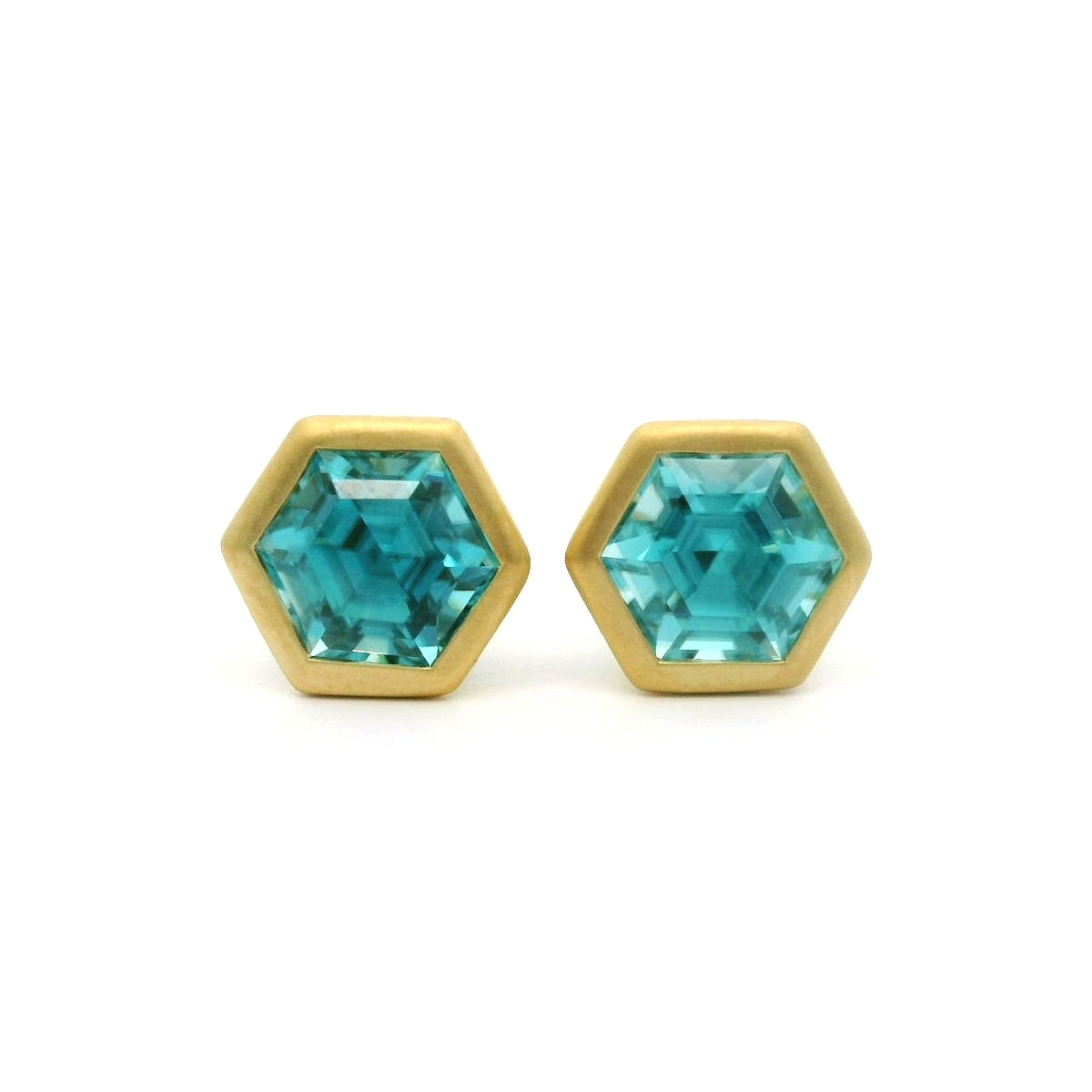 Blue Zircon Hexagon Bezel Earring 2.96ct 18K Yellow Gold