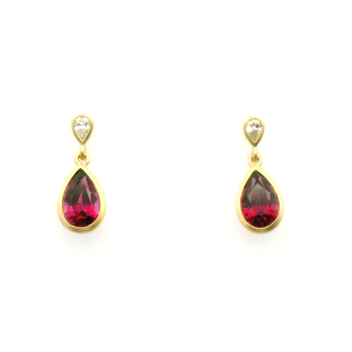 Rhodolite Garnet/Diamond Pear Shape Bezel Earring 3.06/0.15ct 18K Yellow Gold
