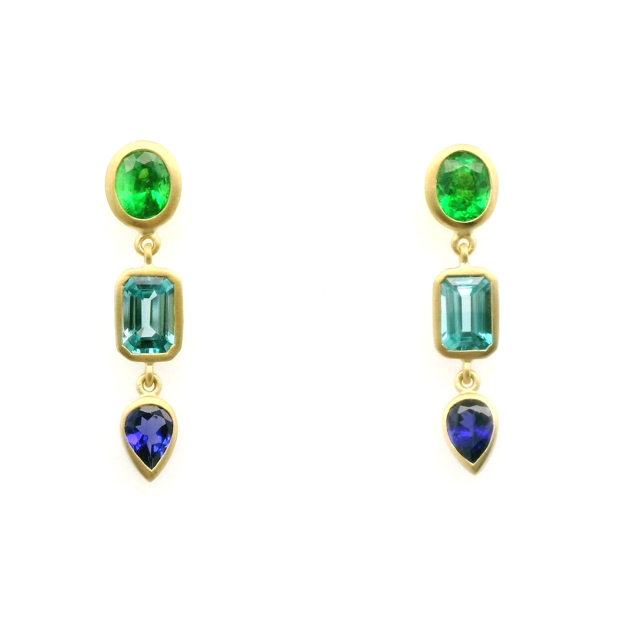 Tsavorite Garnet/Blue Zircon/Tanzanite Bezel Earring 1.29/1.44/0.60ct 18K Yellow Gold