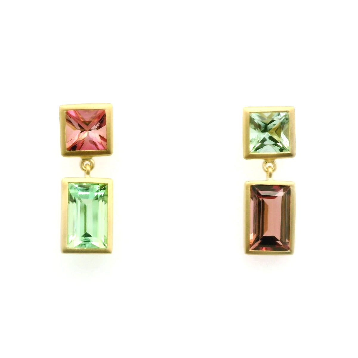 Pink Tourmaline/Green Tourmaline Bezel Earring 5.54ct 18K Yellow Gold