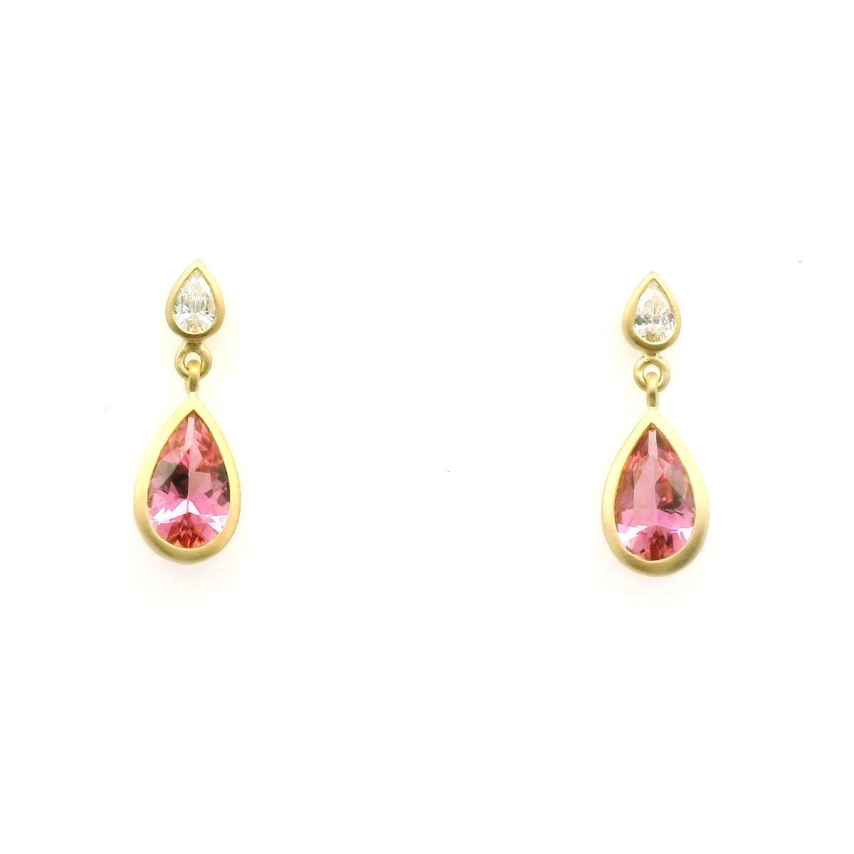 Pink Tourmaline/Diamond Pear Shape Bezel Earring 1.08/0.13ct 18K Yellow Gold