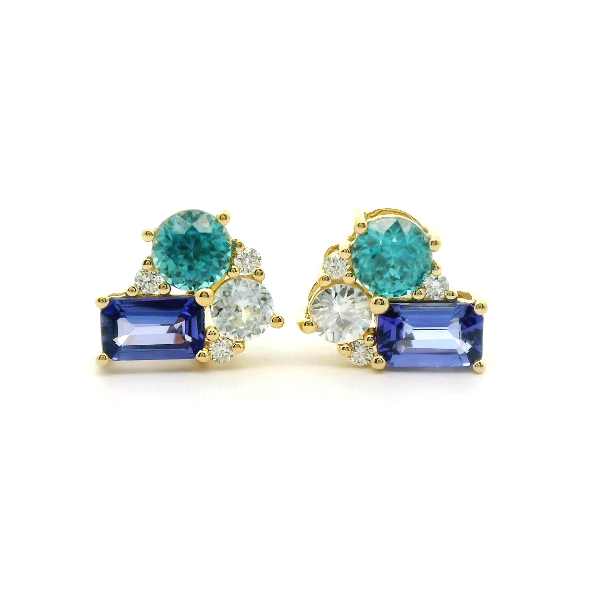 Tanzanite/White Zircon/Blue Zircon/Diamond Cluster Earring 0.62/0.30/1.85/0.08ct 18K Yellow Gold