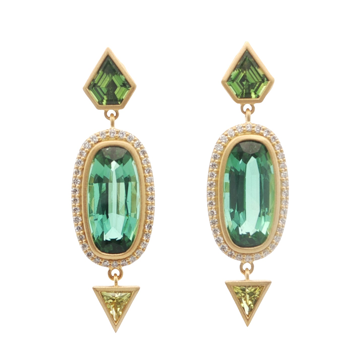 Green Tourmaline/Green Sapphire/Chrysoberyl Earring 0.67/1.18/0.43/0.34ct 18K Yellow Gold