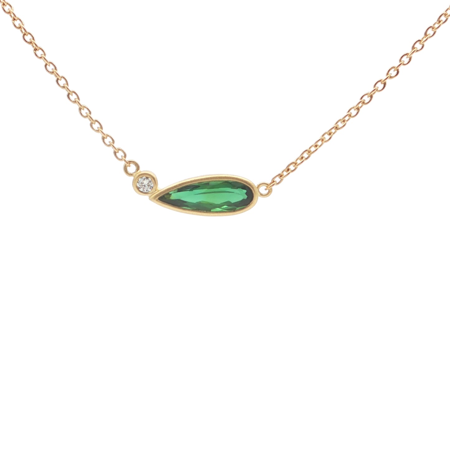 Green Tourmaline/Diamond Pear Shape 2 Stone Necklace 0.55/0.03ct 18K Yellow Gold