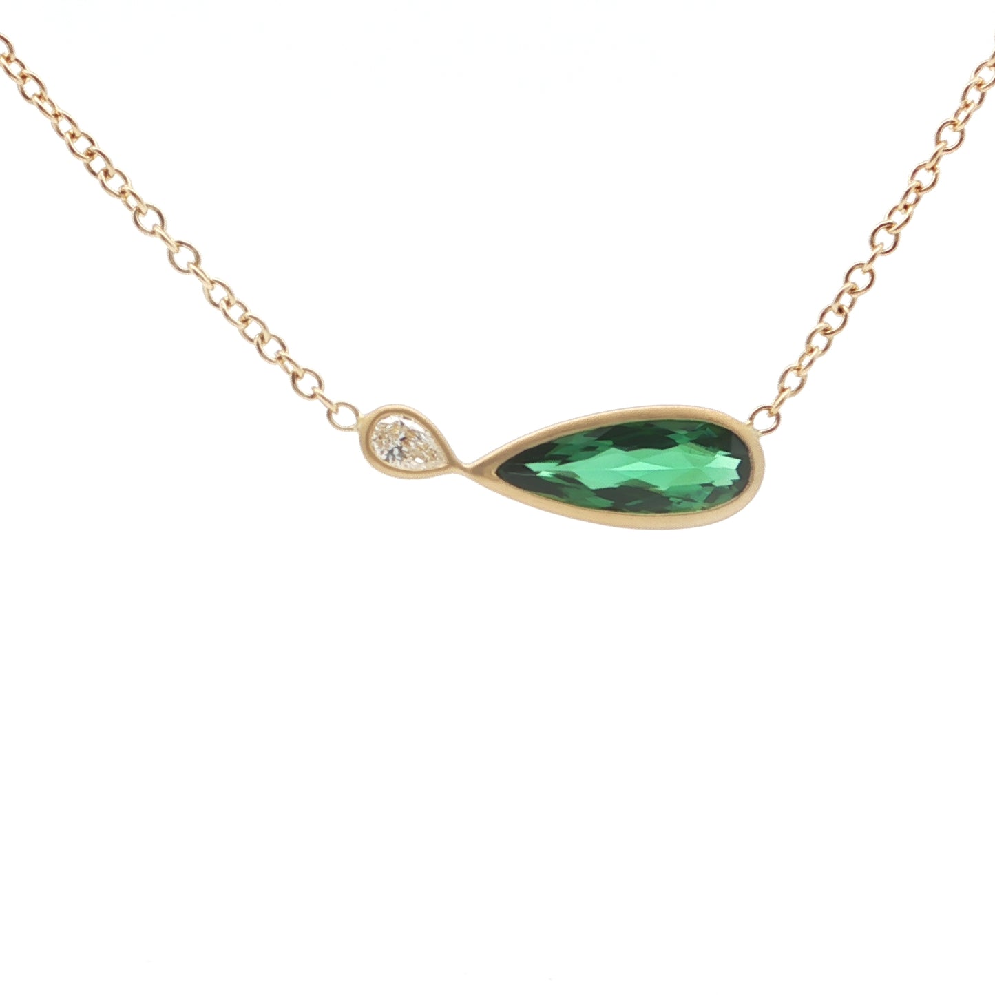 Green Tourmaline/Diamond Pear Shape 2 Stone Necklace 1.03/0.10ct 18K Yellow Gold