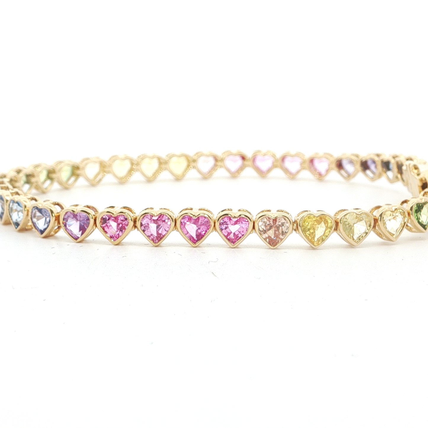 Pastel Rainbow Heart Tennis Bracelet 10.32ct 18K Yellow Gold