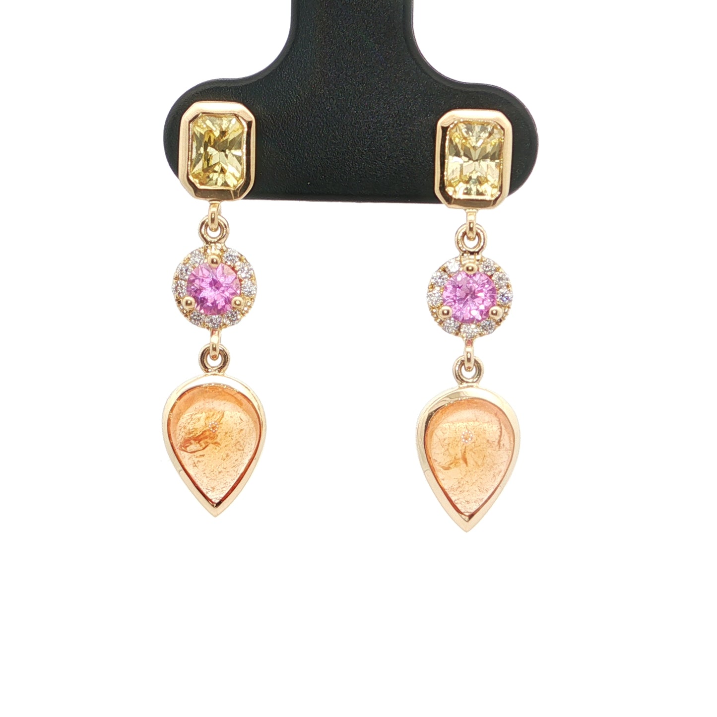 Yellow Sapphire/Pink Sapphire/Spessartite Bezel with Diamonds Earring 0.81/0.39/0.10/0.30ct 18K Yellow Gold