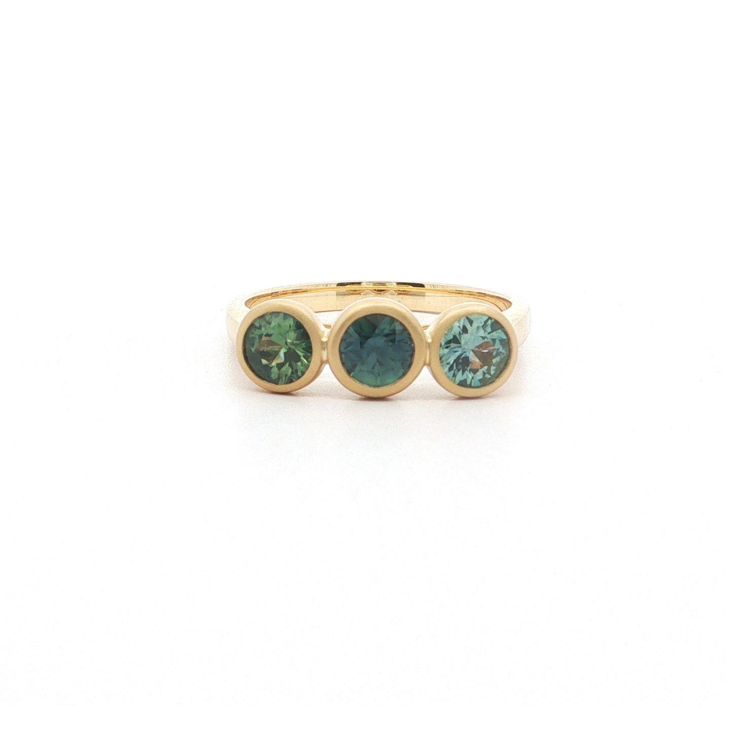 Montana Sapphire Round 3 Stone Ring 1.15ct 18K Yellow Gold Size 7