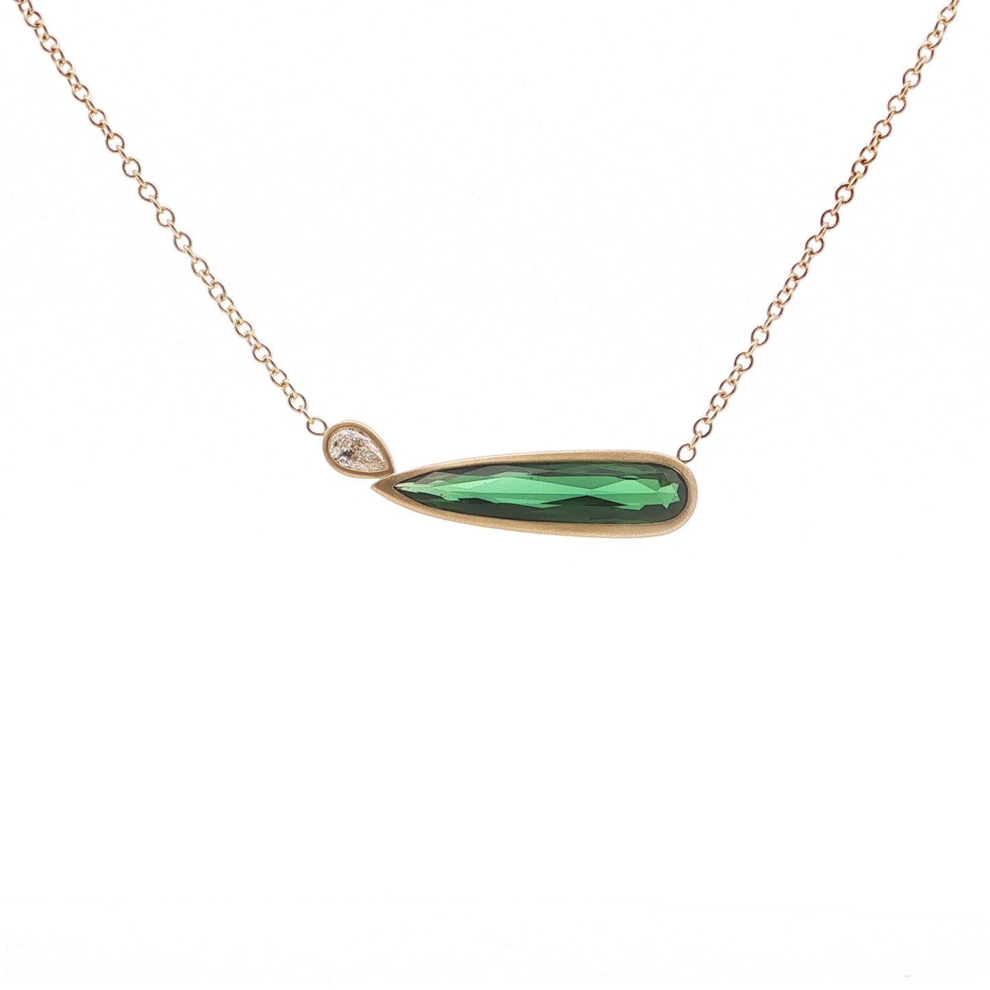 Green Tourmaline/Diamond Pear Shape Bezel Necklace 2.61/0.15ct 18K Yellow Gold