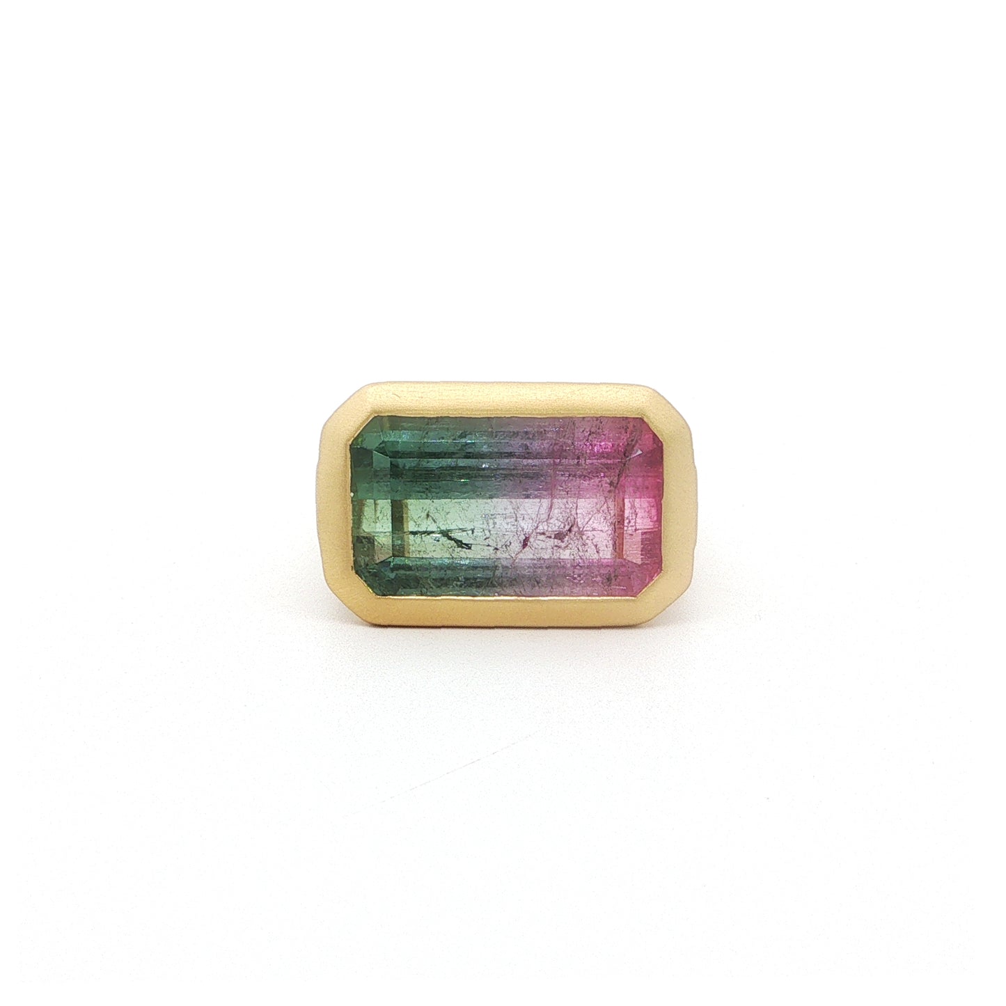 Bicolor Tourmaline Emerald Cut Bezel Ring 12.23ct 18K Yellow Gold Size 7.5
