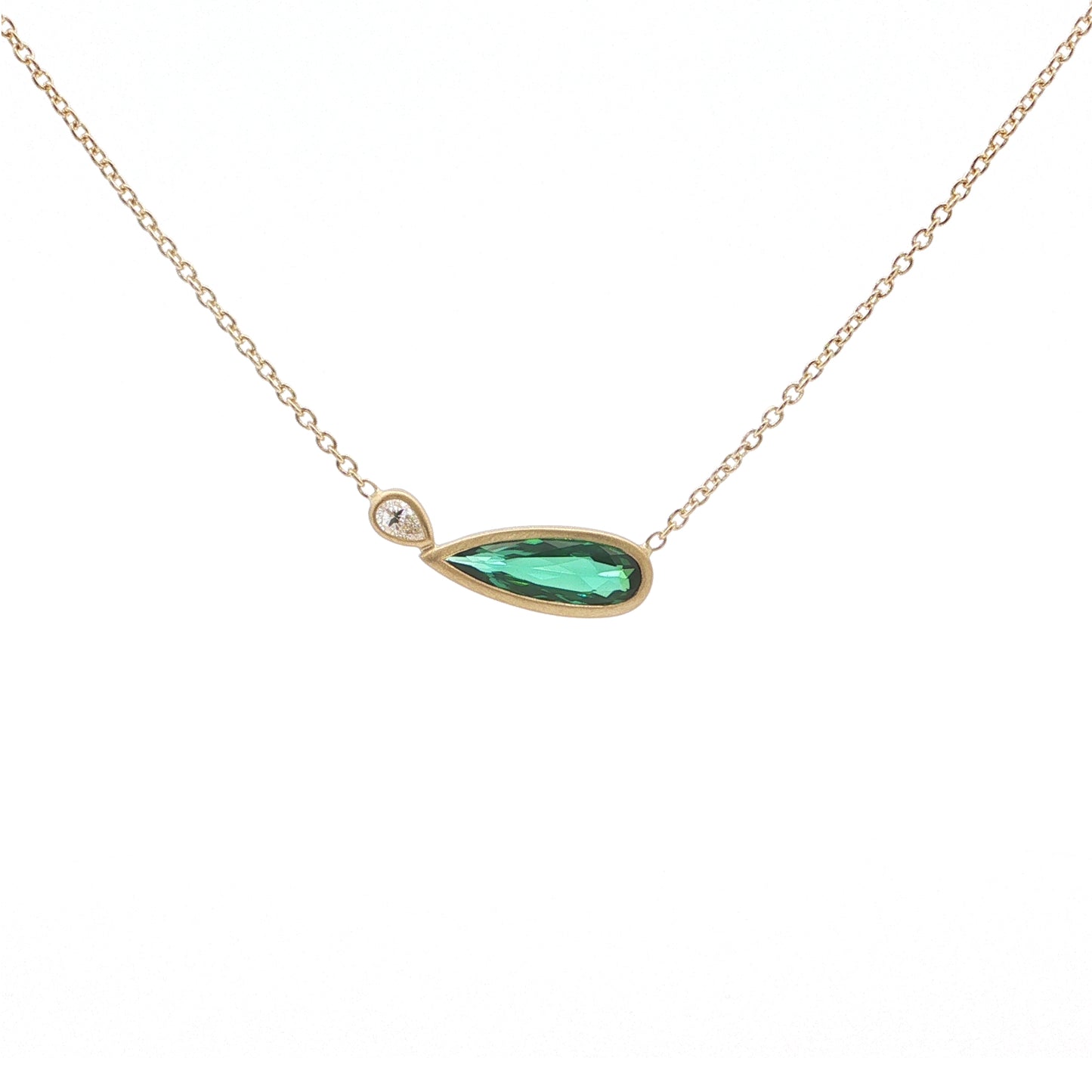 Green Tourmaline/Diamond Pear Shape 2 Stone Necklace 0.73/0.07ct 18K Yellow Gold