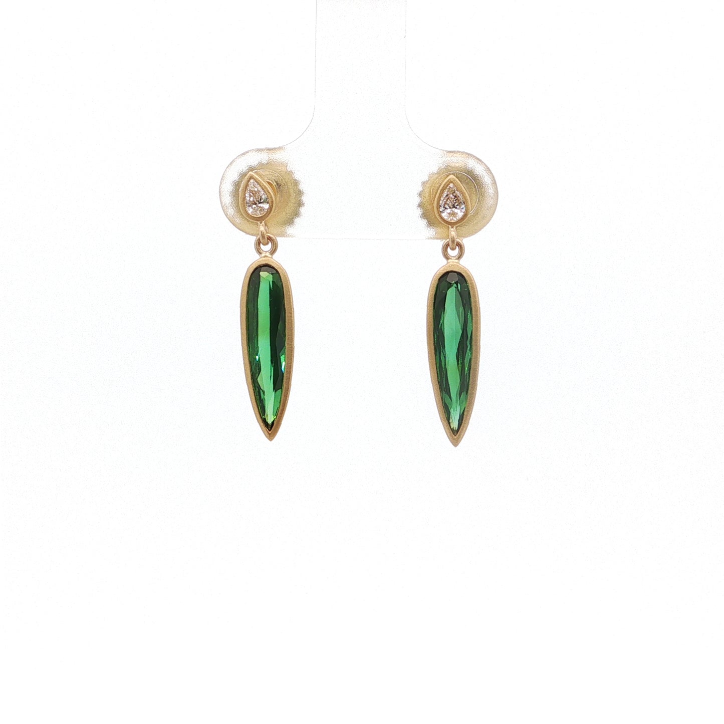 Green Tourmaline/Diamond Pear Shape Bezel Earring 1.63/.13ct 18K Yellow Gold