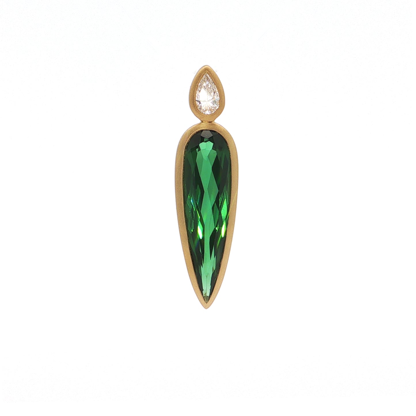 Green Tourmaline/Diamond Pear Shape Bezel Pendant 3.24/0.16ct 18K Yellow Gold